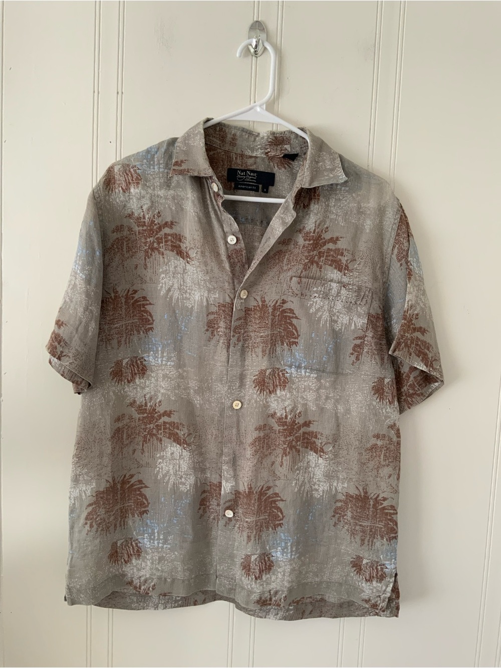 Nat Nast Short-Sleeve Camp Shirt in Taupe, Brown and Light Blue Palm Print